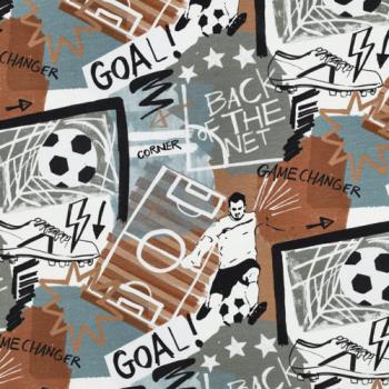 Baumwolljersey Fußball-Collage in Graubraun, Nahaufnahme der Oberfläche